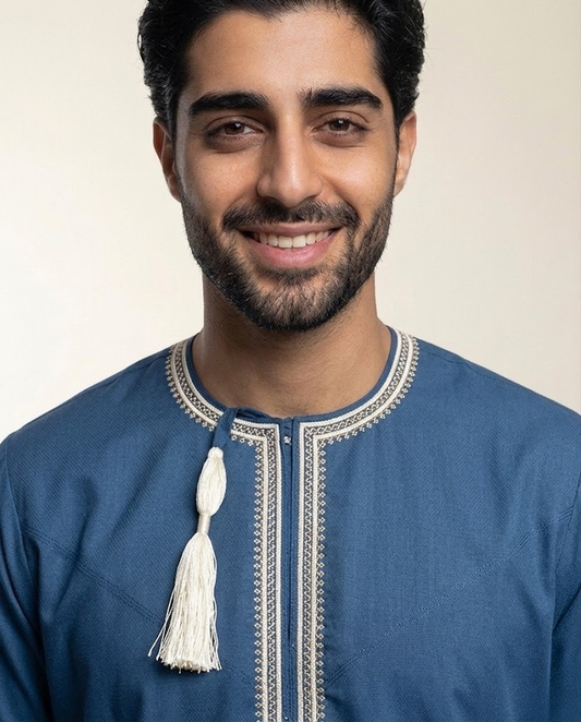 Revel Blue Emarati Embroidery Matching Thobe Men