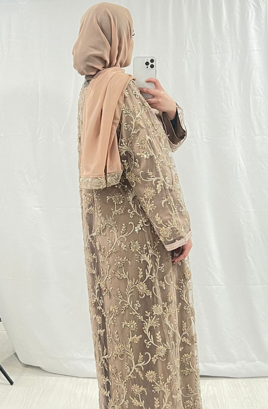 Beige Abaya with metallic gold detailing belt