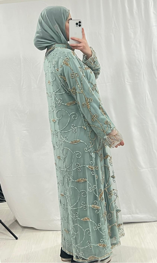 Light Sage Embellishmant Abaya With Gold/Diamond Pearls