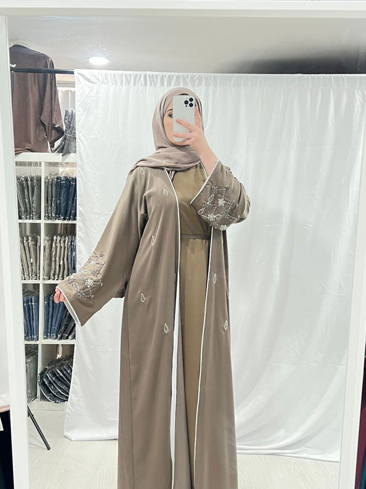 Mocha Luxe Embellished White Trim Abaya