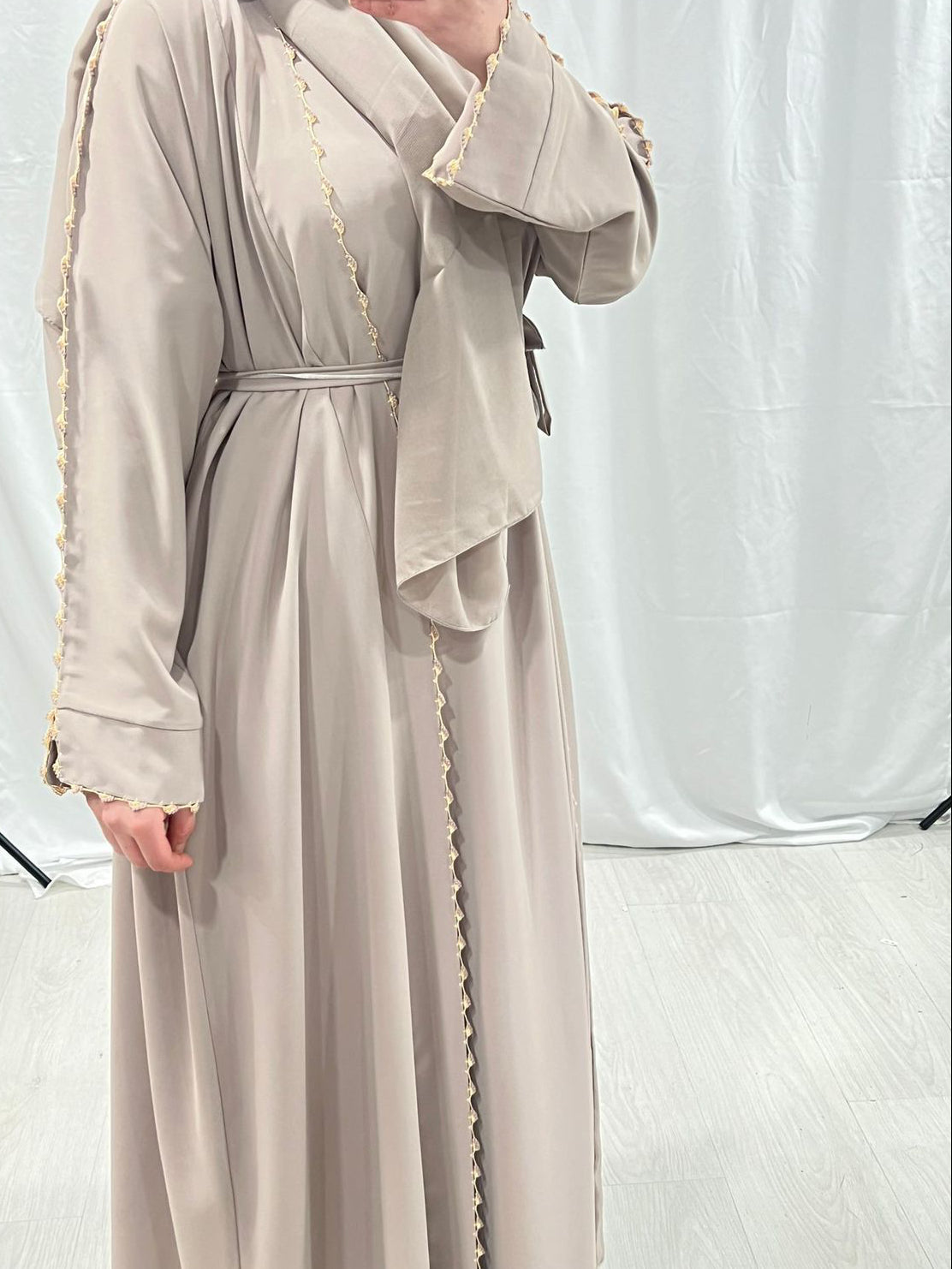 Blush Nude Majesty Open Abaya With Trim