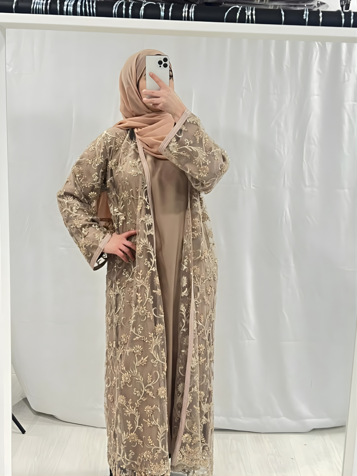 Beige Abaya with metallic gold detailing belt
