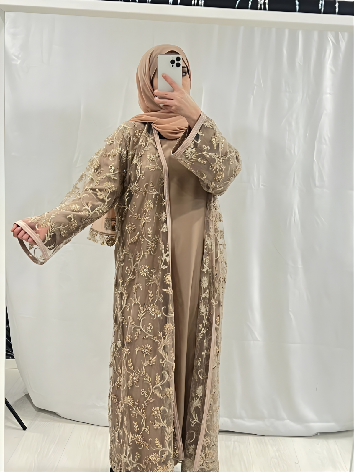 Beige Abaya with metallic gold detailing belt