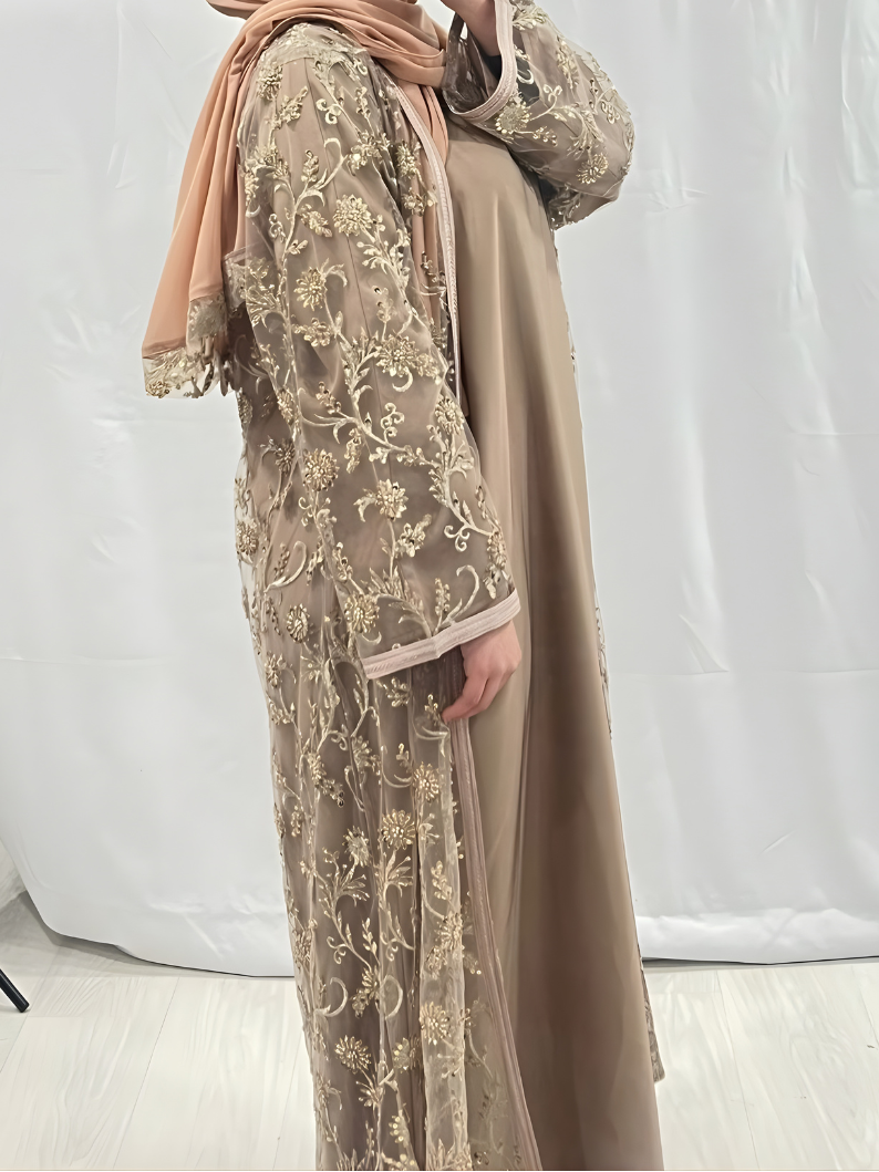 Beige Abaya with metallic gold detailing belt
