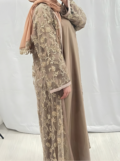 Beige Abaya with metallic gold detailing belt