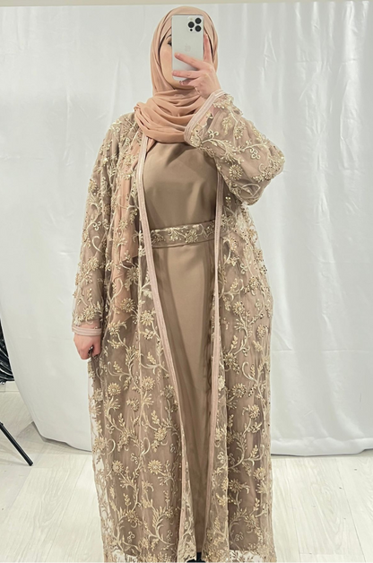 Beige Abaya with metallic gold detailing belt