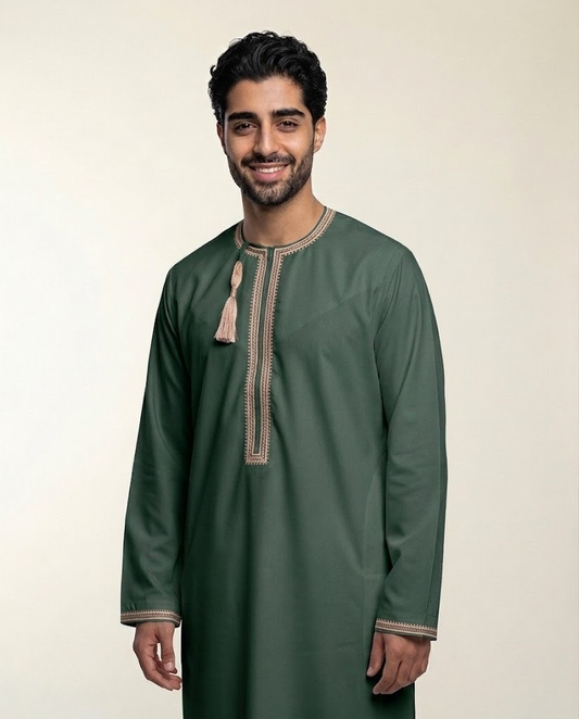 Forest Green Emarati Embroidery Matching Thobe Men