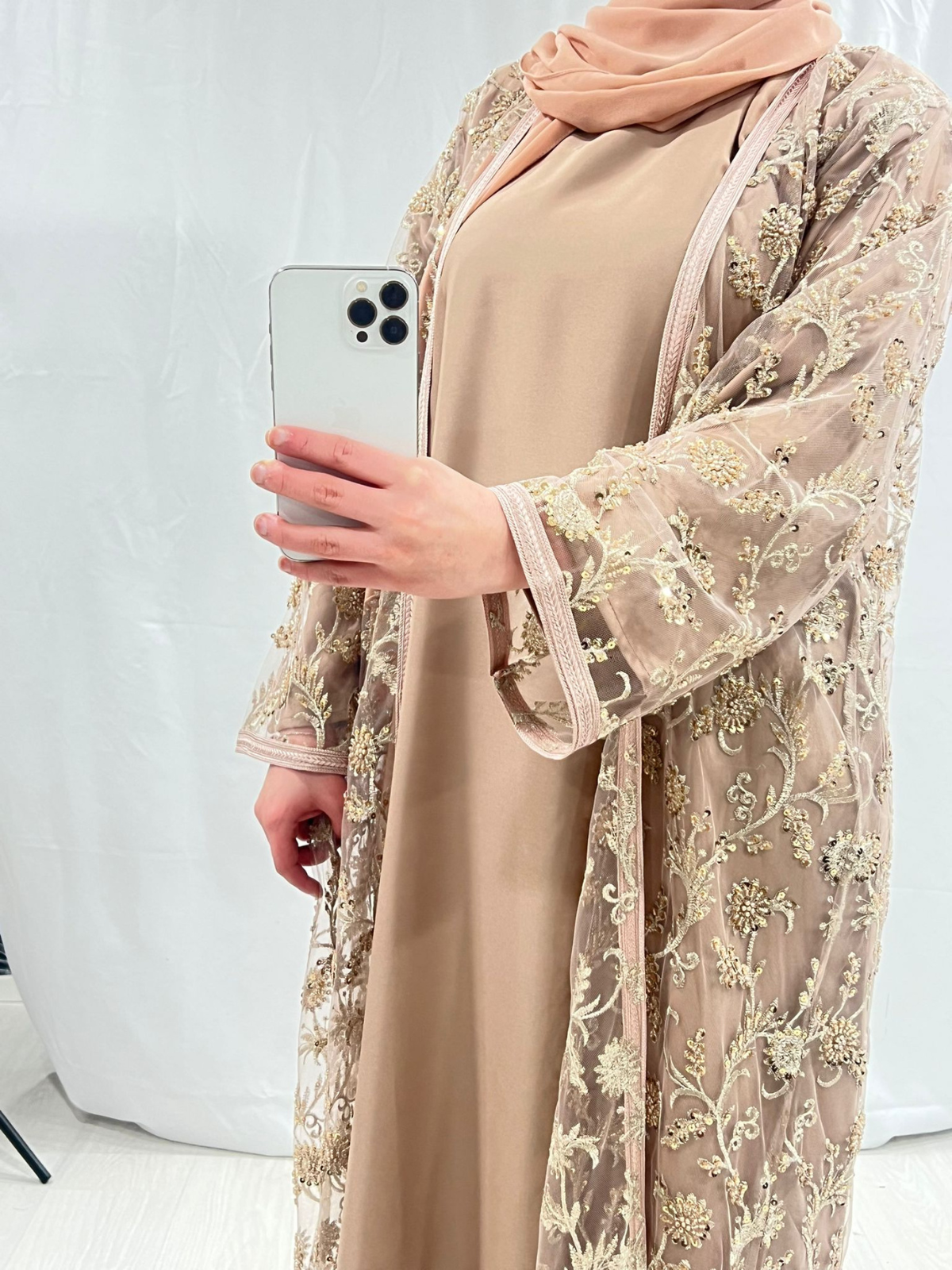 Beige Abaya with metallic gold detailing belt