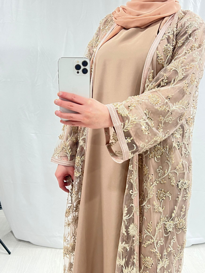 Beige Abaya with metallic gold detailing belt