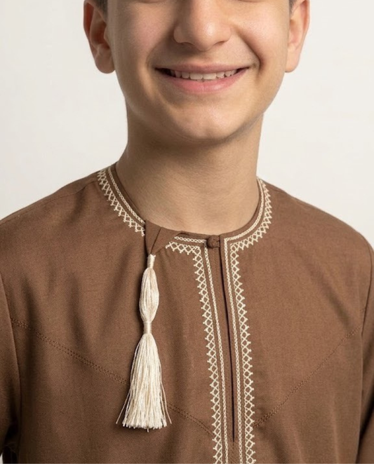 Brown Emarati Embroidery Parents Matching Thobe Kid