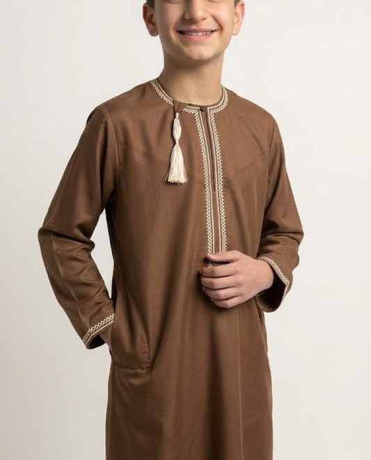 Brown Emarati Embroidery Parents Matching Thobe Kid