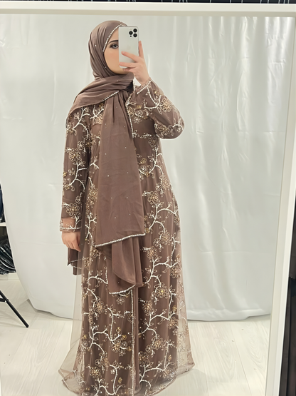 Rose Taupe Abaya Embellished with Pearls/Diamonds & Scarf