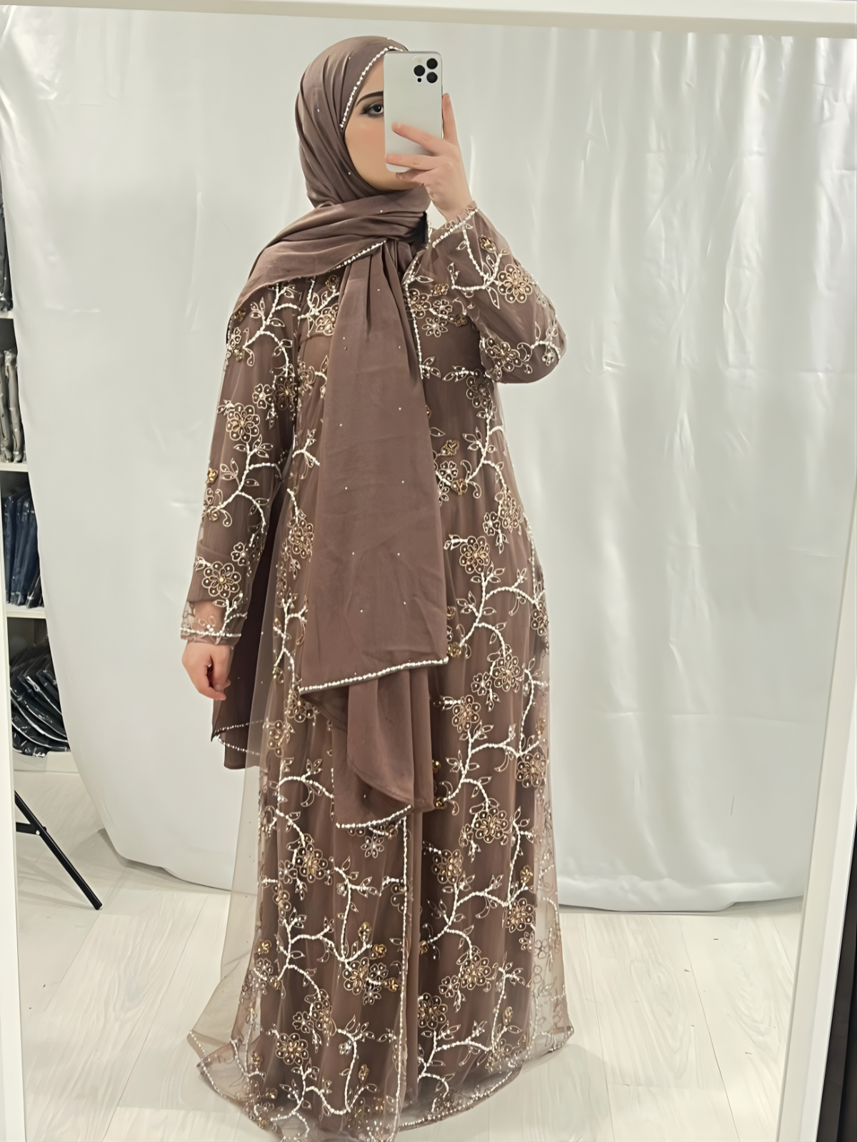 Rose Taupe Abaya Embellished with Pearls/Diamonds & Scarf