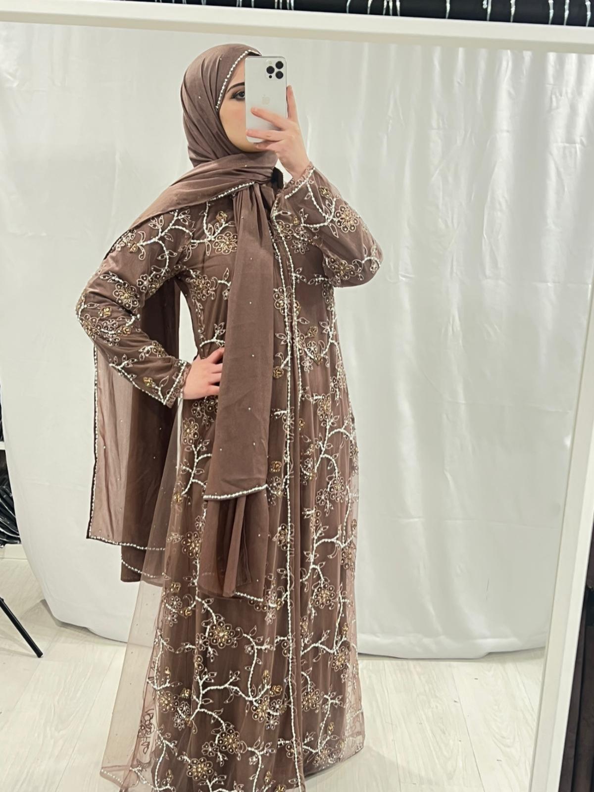 Rose Taupe Abaya Embellished with Pearls/Diamonds & Scarf