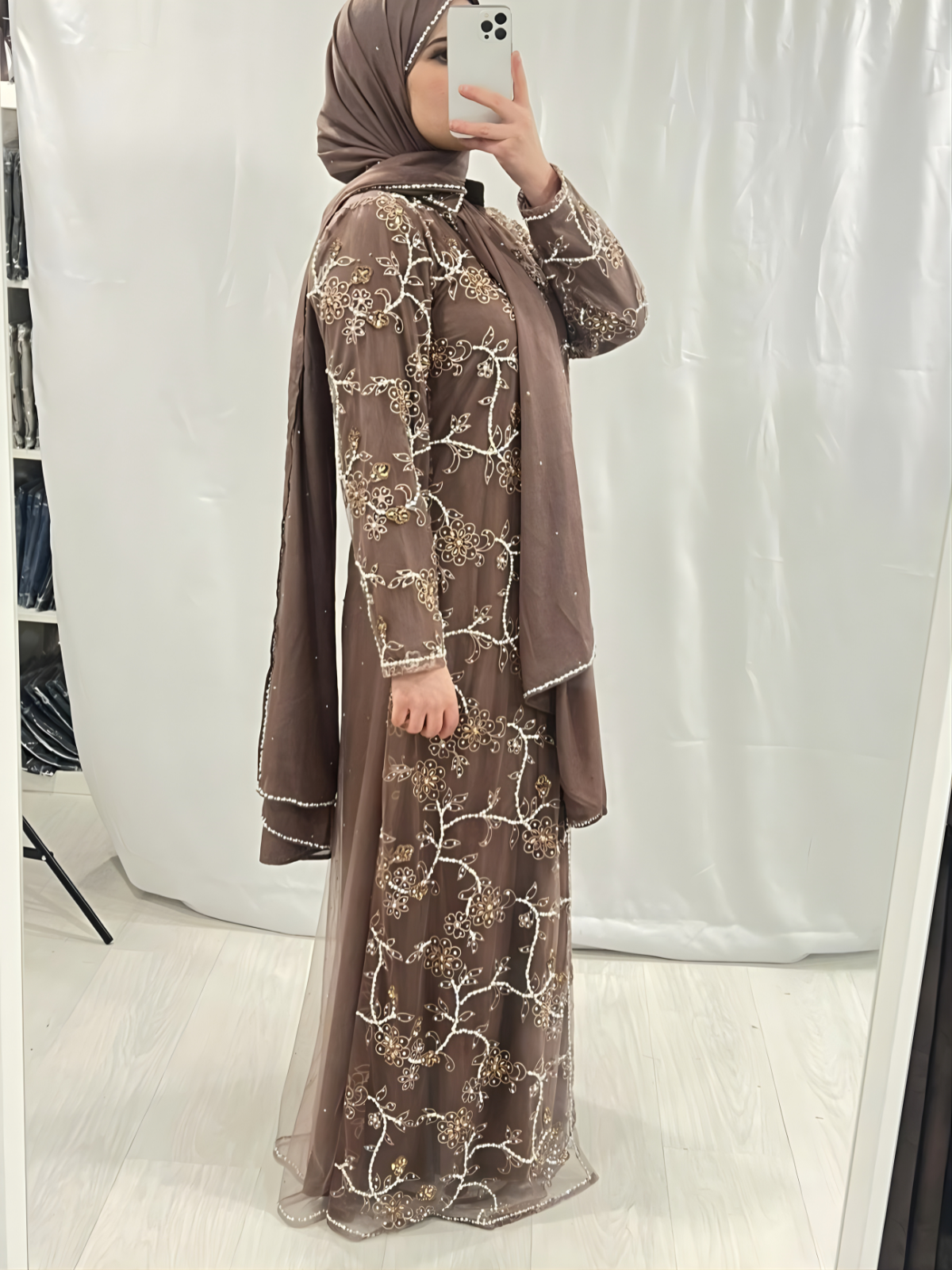 Rose Taupe Abaya Embellished with Pearls/Diamonds & Scarf