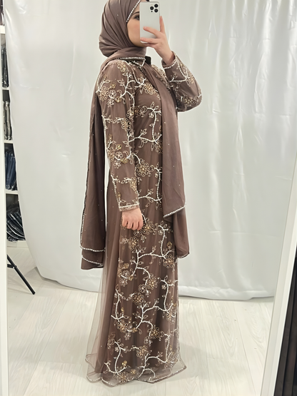 Rose Taupe Abaya Embellished with Pearls/Diamonds & Scarf