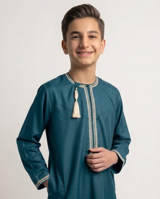 Teal Emarati Embroidery Parents Matching Thobe Kid