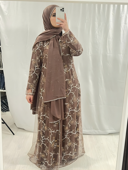Rose Taupe Abaya Embellished with Pearls/Diamonds & Scarf