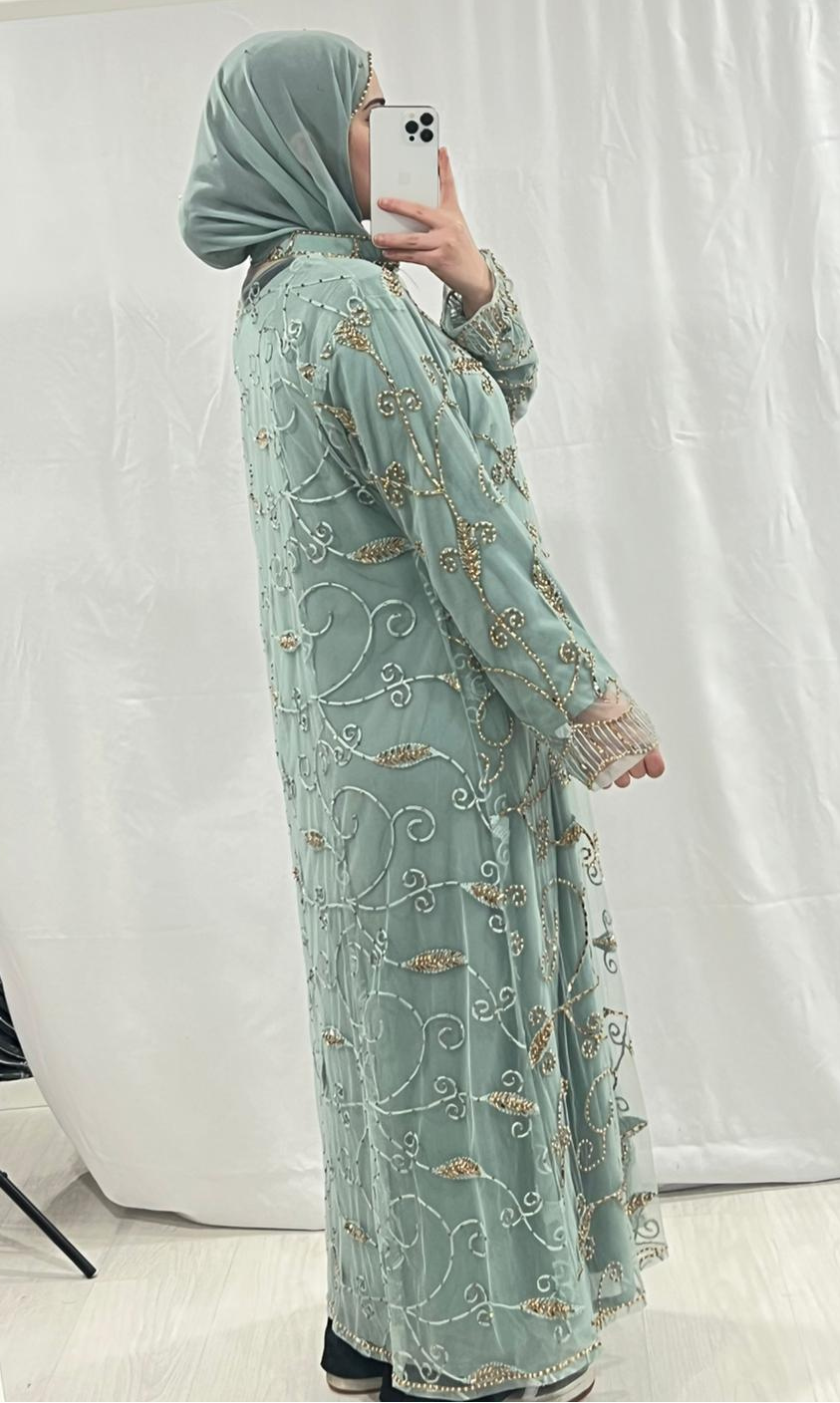Light Sage Embellishmant Abaya With Gold/Diamond Pearls