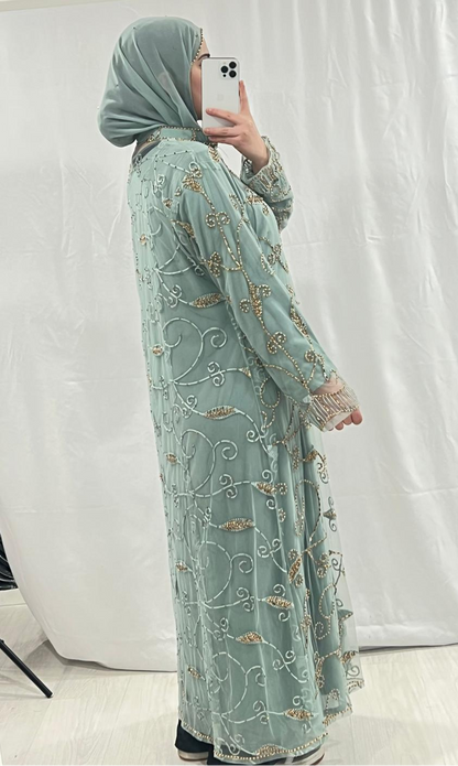 Light Sage Embellishmant Abaya With Gold/Diamond Pearls