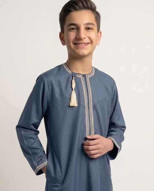 Revel Blue Emarati Parents Embroidery Matching Thobe Kid