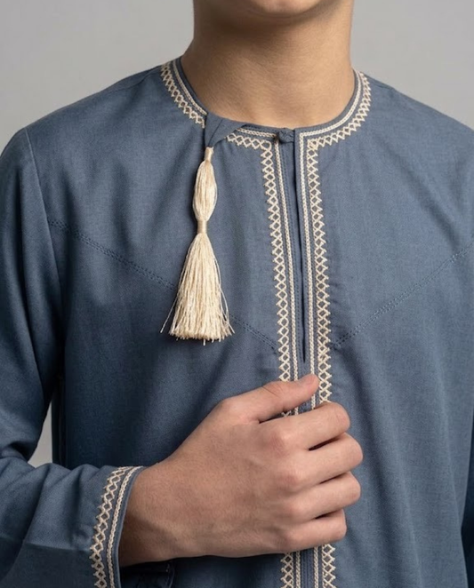 Revel Blue Emarati Parents Embroidery Matching Thobe Kid