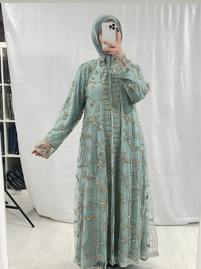 Light Sage Embellishmant Abaya With Gold/Diamond Pearls