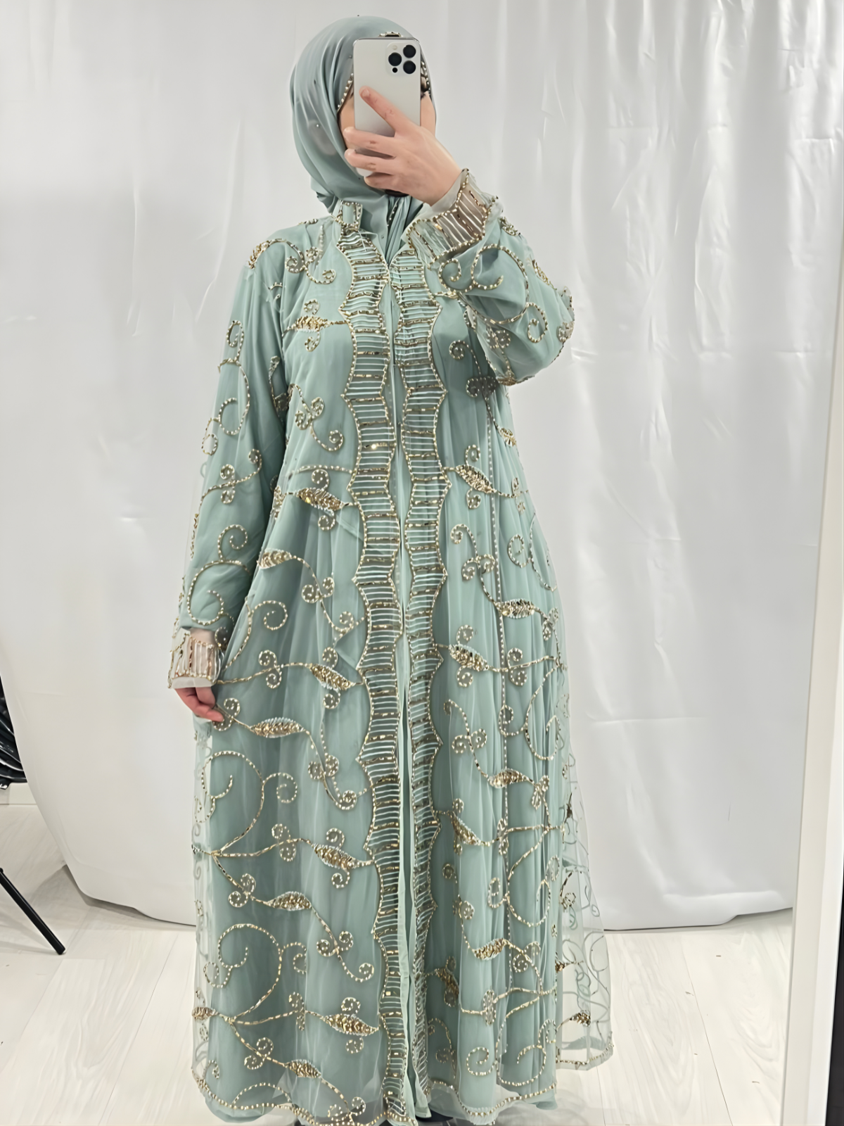 Light Sage Embellishmant Abaya With Gold/Diamond Pearls
