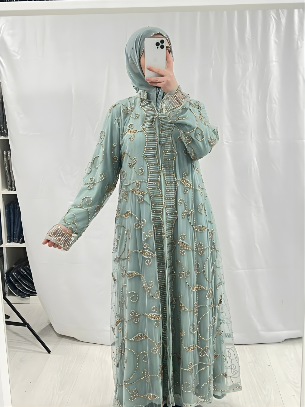 Light Sage Embellishmant Abaya With Gold/Diamond Pearls