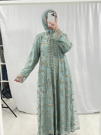 Light Sage Embellishmant Abaya With Gold/Diamond Pearls