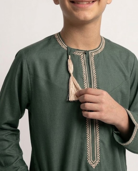 Forest Green Emarati Parents Embroidery Matching Thobe Kid