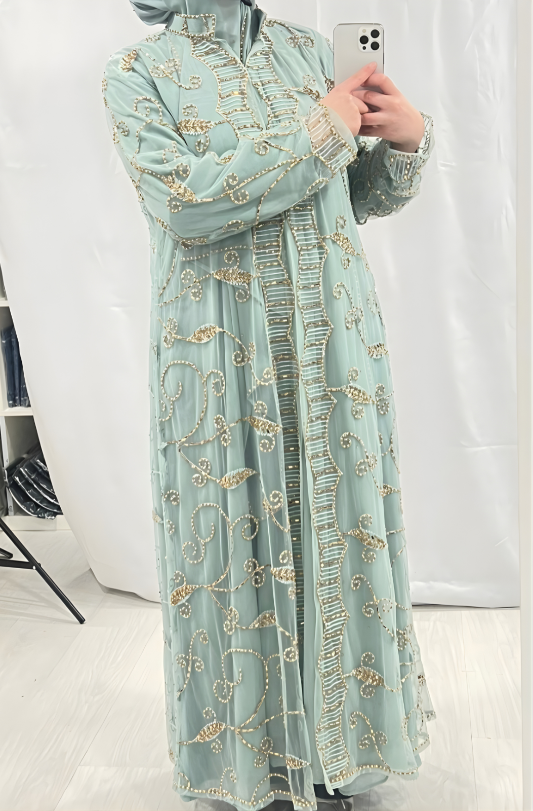 Light Sage Embellishmant Abaya With Gold/Diamond Pearls