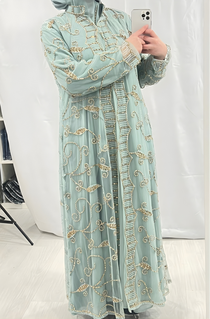 Light Sage Embellishmant Abaya With Gold/Diamond Pearls