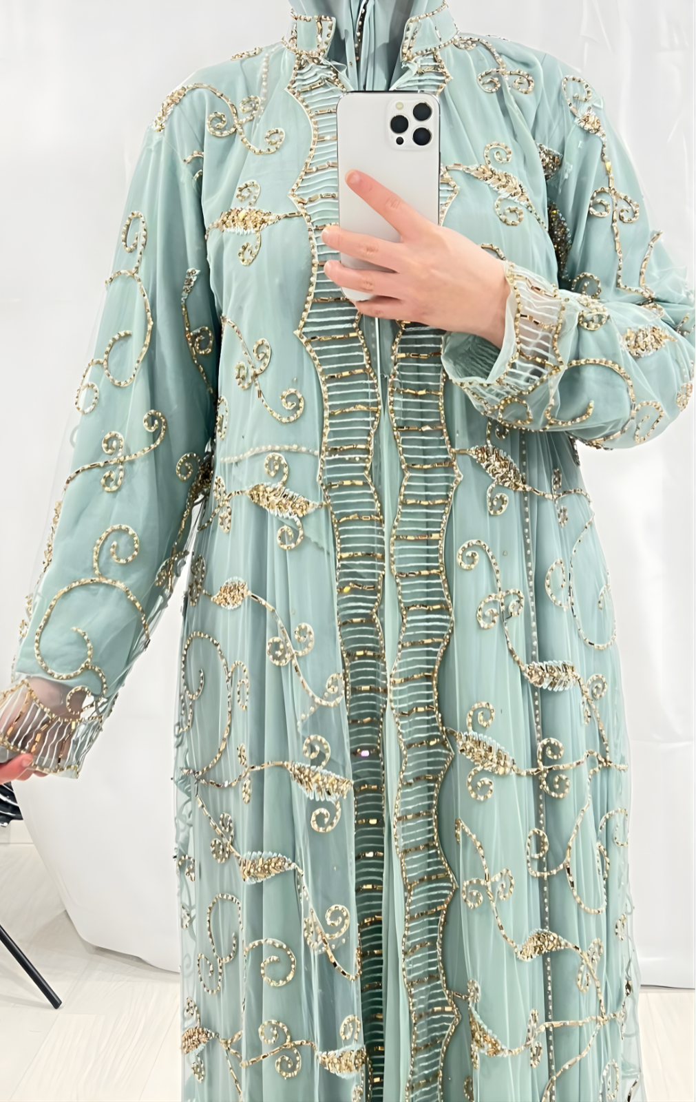 Light Sage Embellishmant Abaya With Gold/Diamond Pearls