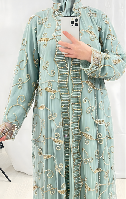 Light Sage Embellishmant Abaya With Gold/Diamond Pearls