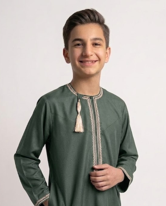 Forest Green Emarati Parents Embroidery Matching Thobe Kid