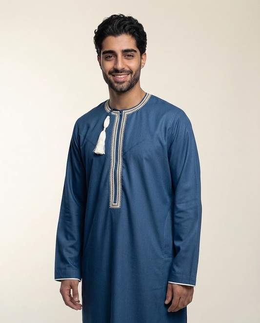 Revel Blue Emarati Embroidery Matching Thobe Men