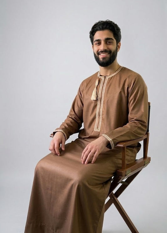 Brown Emarati Embroidery Matching Thobe Men