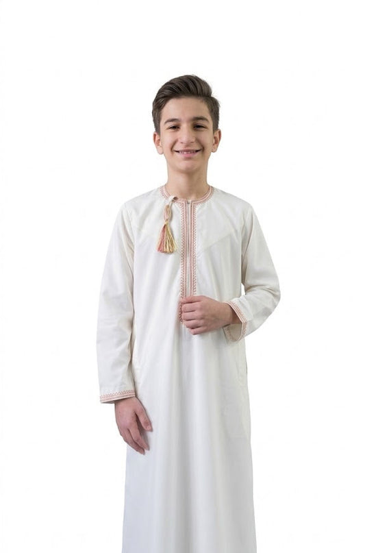 White Emarati Embroidery Parents Matching Thobe Kid