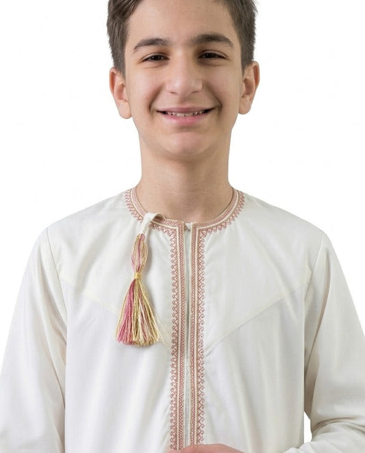 White Emarati Embroidery Parents Matching Thobe Kid