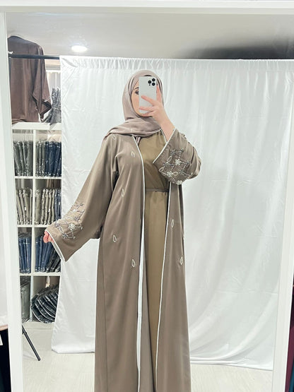 Mocha Luxe Embellished White Trim Abaya