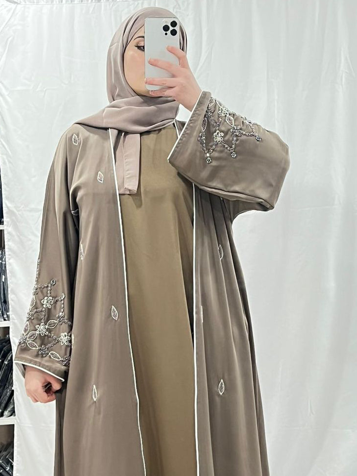 Mocha Luxe Embellished White Trim Abaya