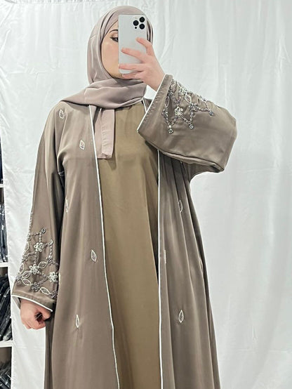 Mocha Luxe Embellished White Trim Abaya