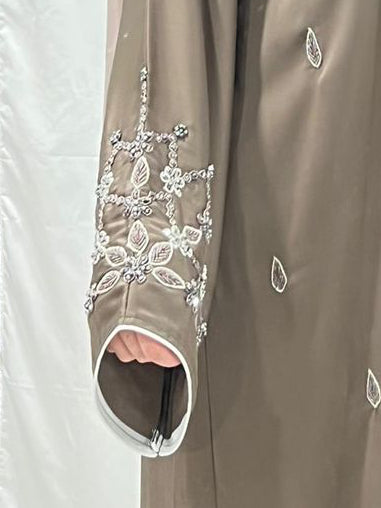 Mocha Luxe Embellished White Trim Abaya