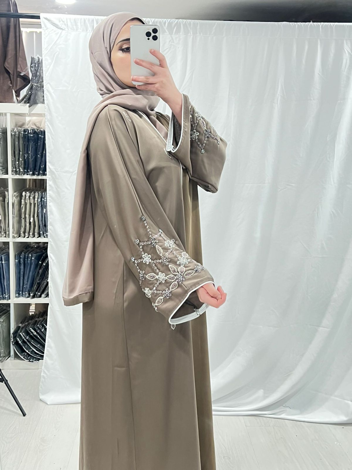 Mocha Luxe Embellished White Trim Abaya