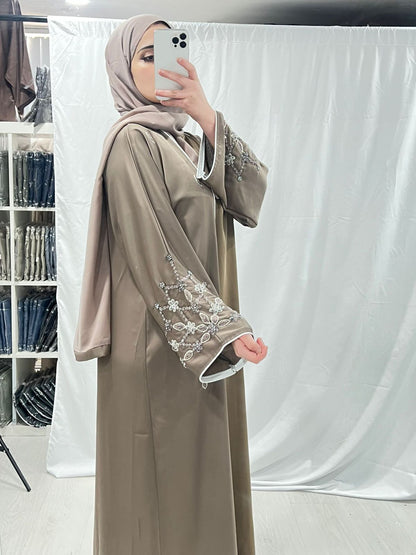 Mocha Luxe Embellished White Trim Abaya