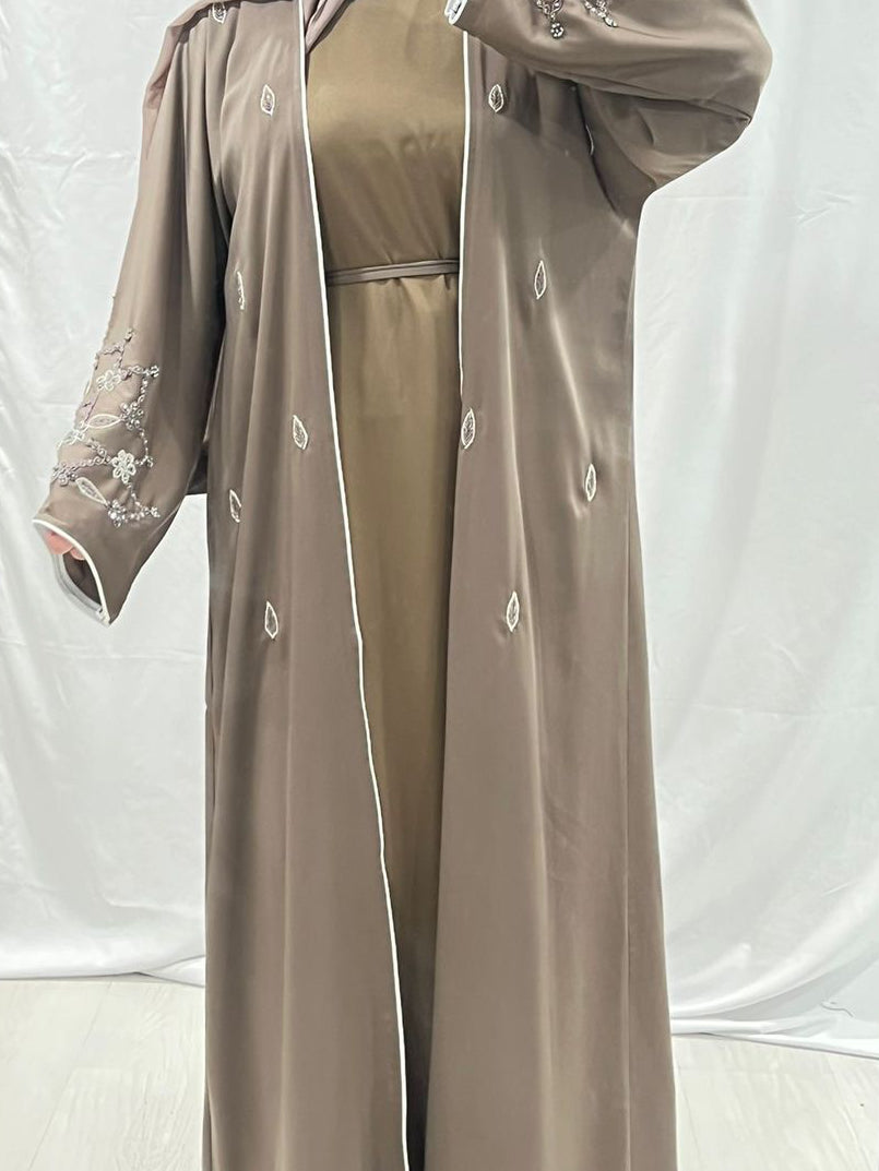 Mocha Luxe Embellished White Trim Abaya