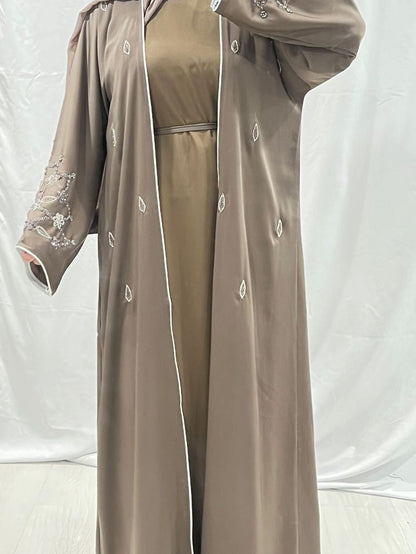 Mocha Luxe Embellished White Trim Abaya