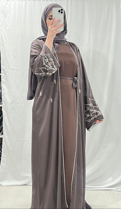 Dusty Mauve Embellished White Trim Abaya