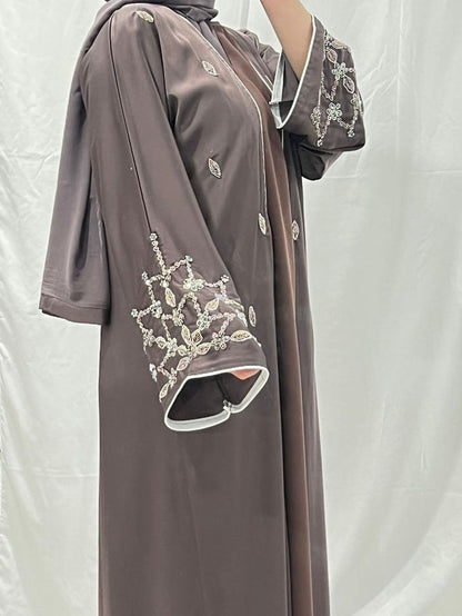 Dusty Mauve Embellished White Trim Abaya